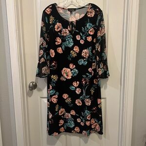 dressbarn Black Floral Dress with Peach & Teal Blooms
